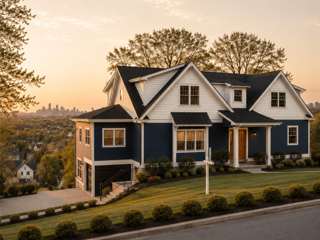 Luxury project custom-built home by Family Realty Holdings at golden hour in a suburban neighborhood