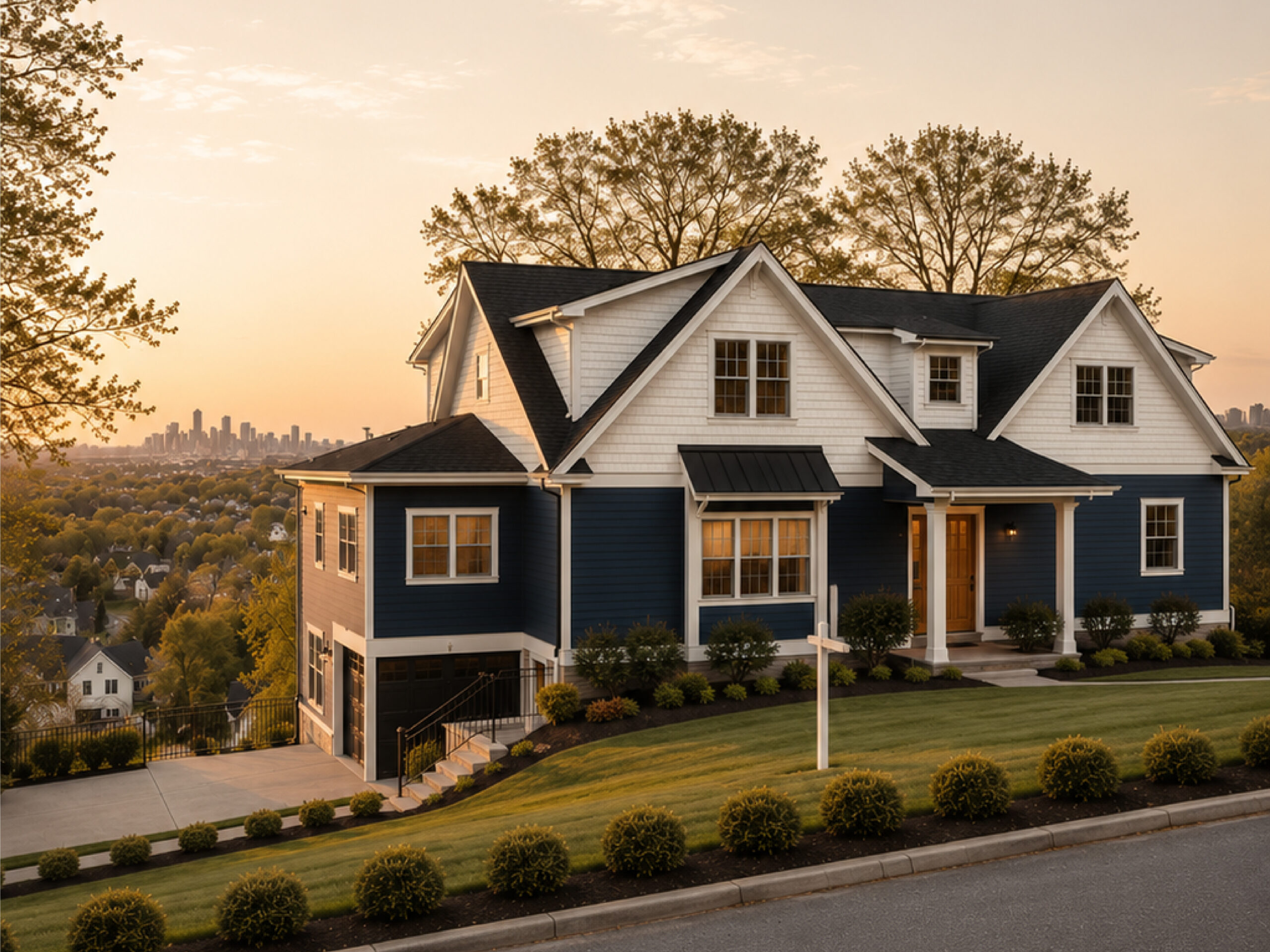 Luxury project custom-built home by Family Realty Holdings at golden hour in a suburban neighborhood