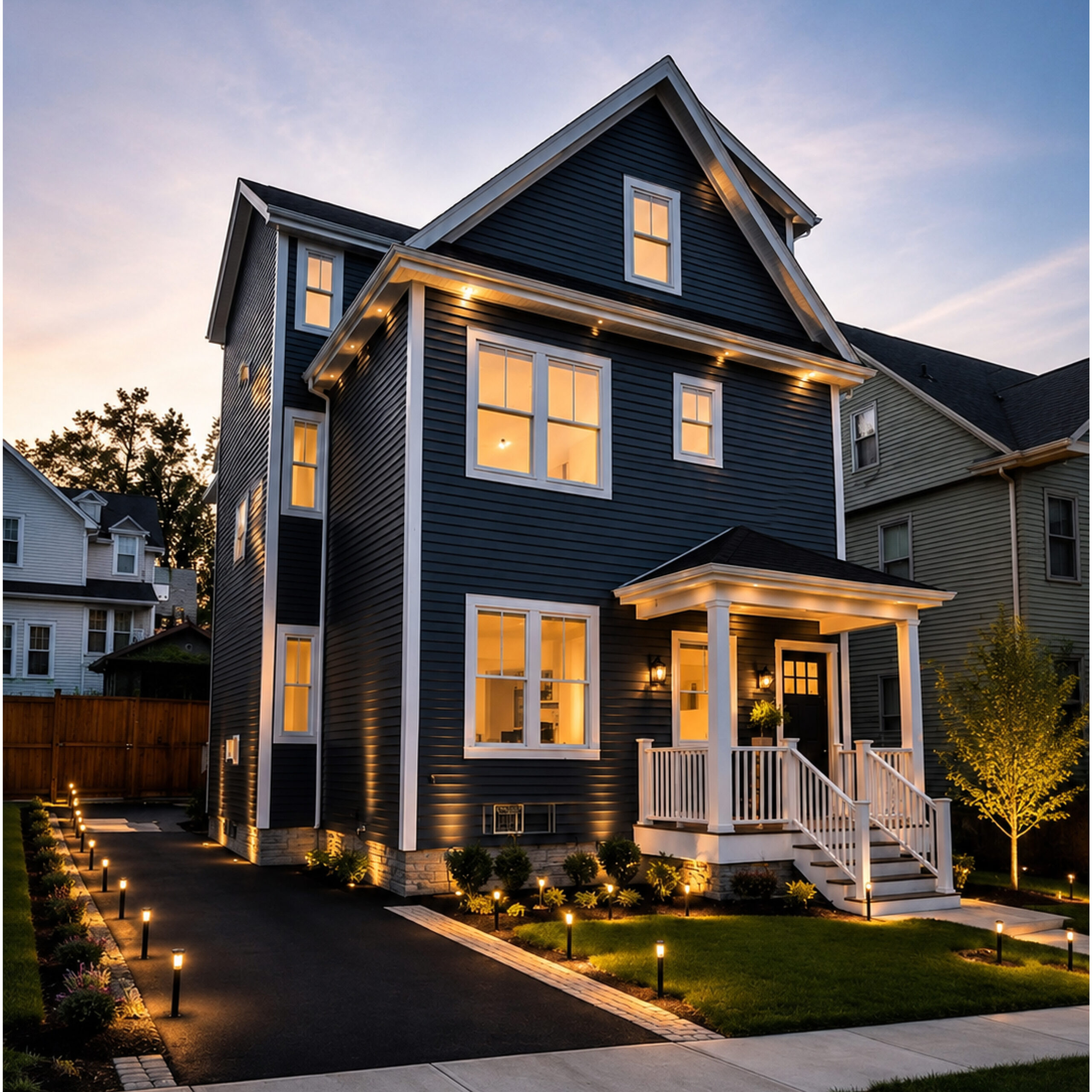Family Realty Holdings Brighton House exterior captured at dusk featuring modern residential construction and custom finishes