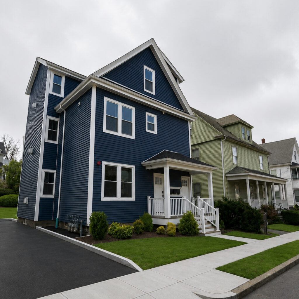 Family Realty Holdings Brighton House exterior front elevation featuring blue siding and contemporary architectural design