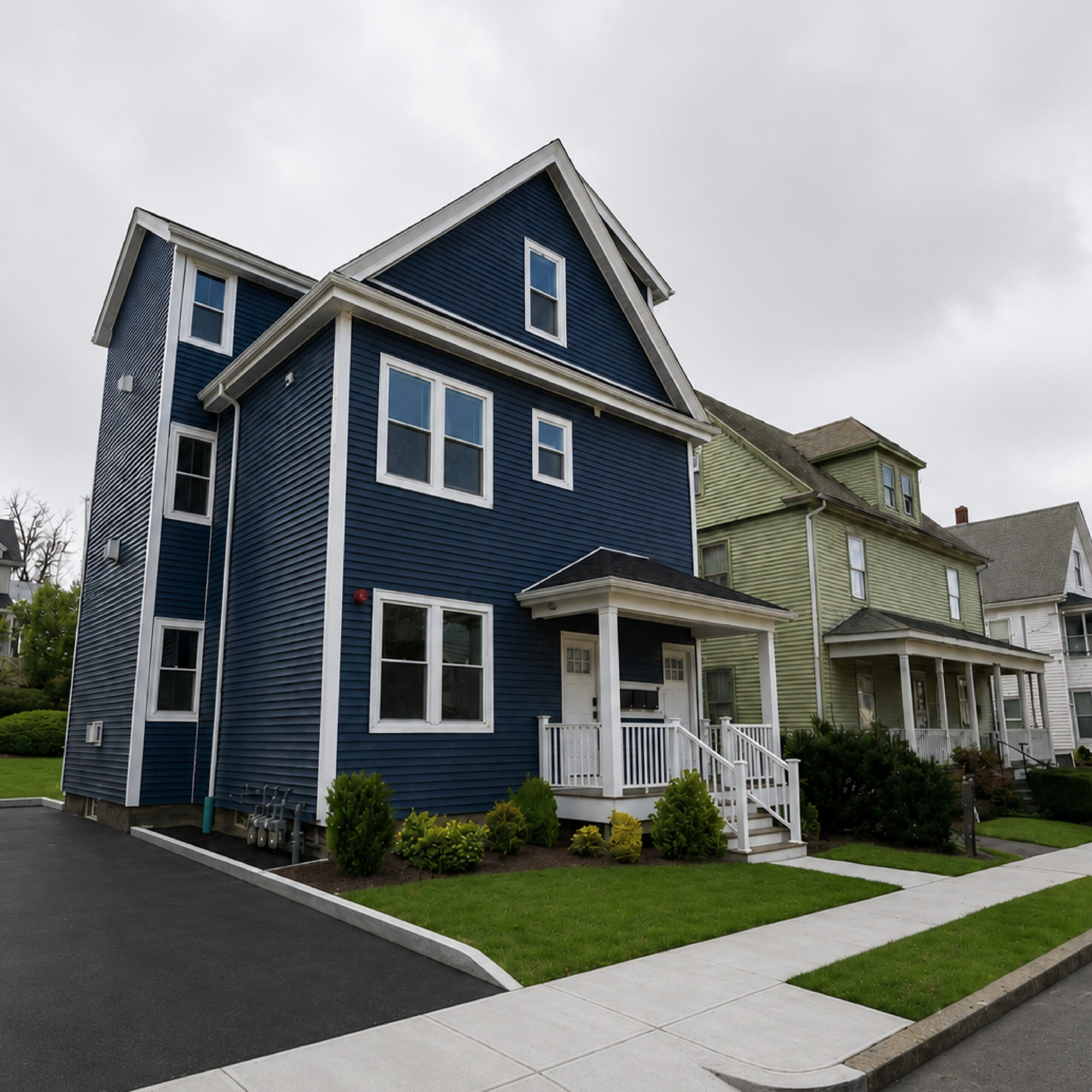 Family Realty Holdings Brighton House exterior front elevation featuring blue siding and contemporary architectural design