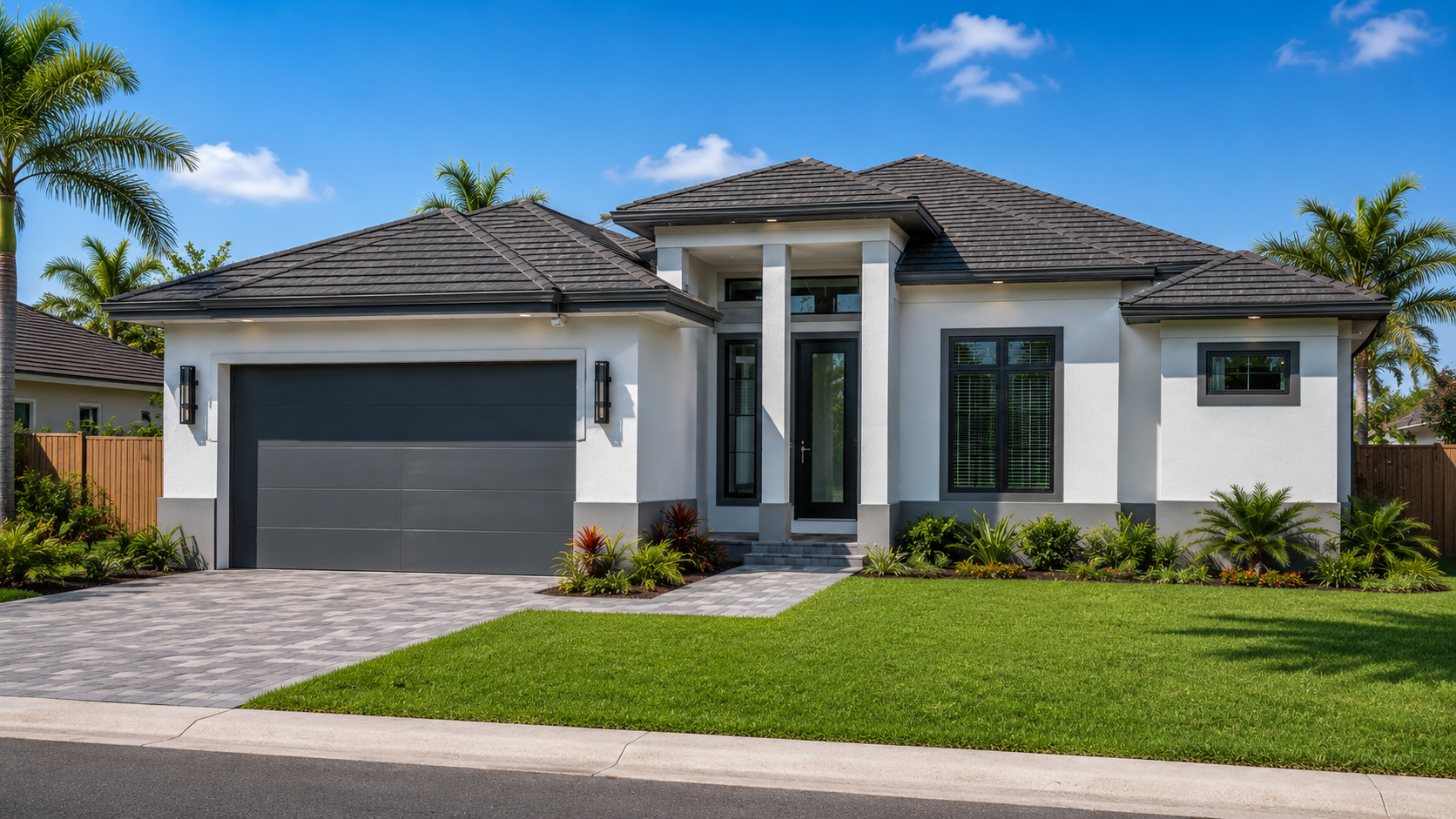 Family Realty Holdings Hibiscus House front exterior featuring modern luxury home with tall entryway and landscaped facade