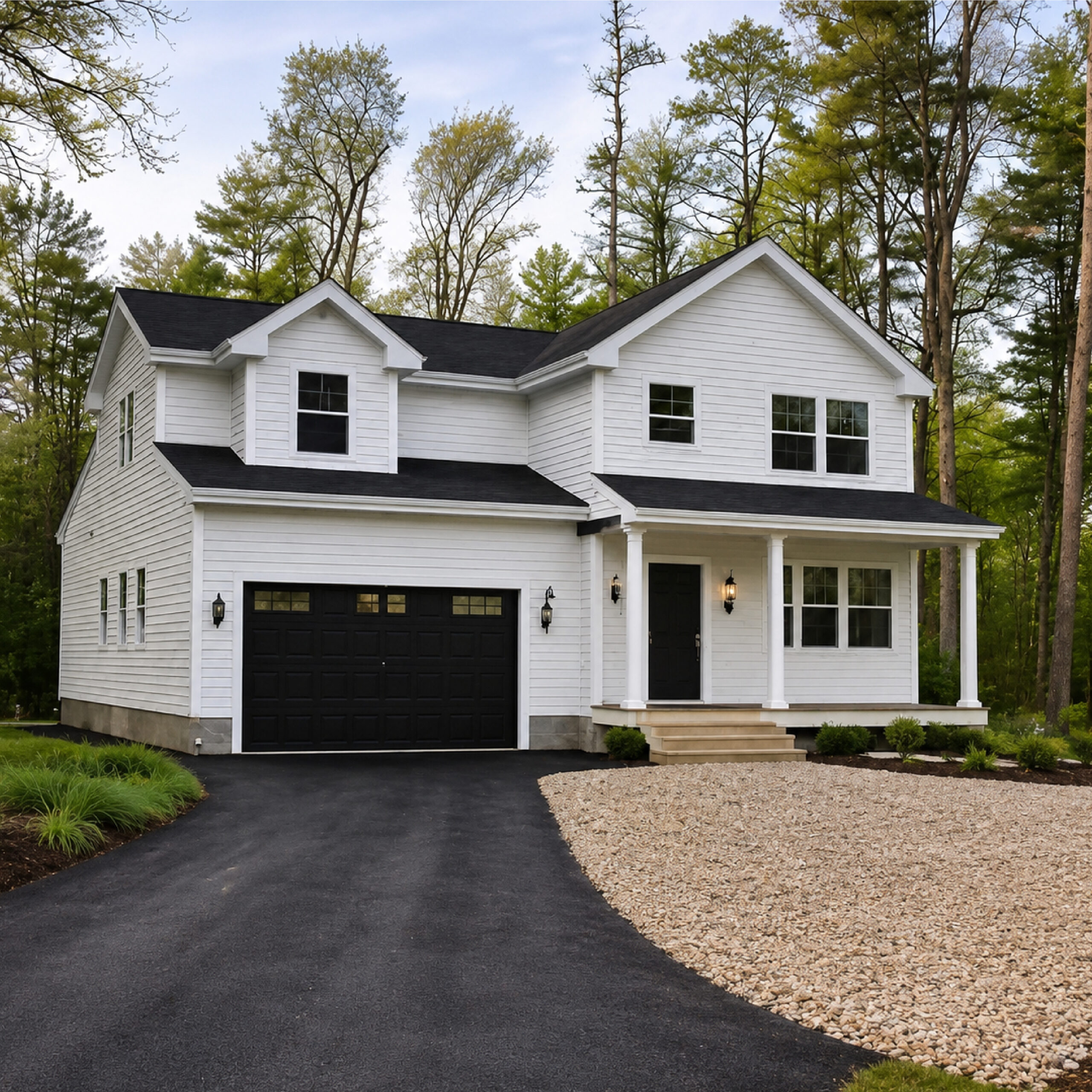 Family Realty Holdings Hudson House completed exterior featuring attached garage and modern farmhouse-inspired design