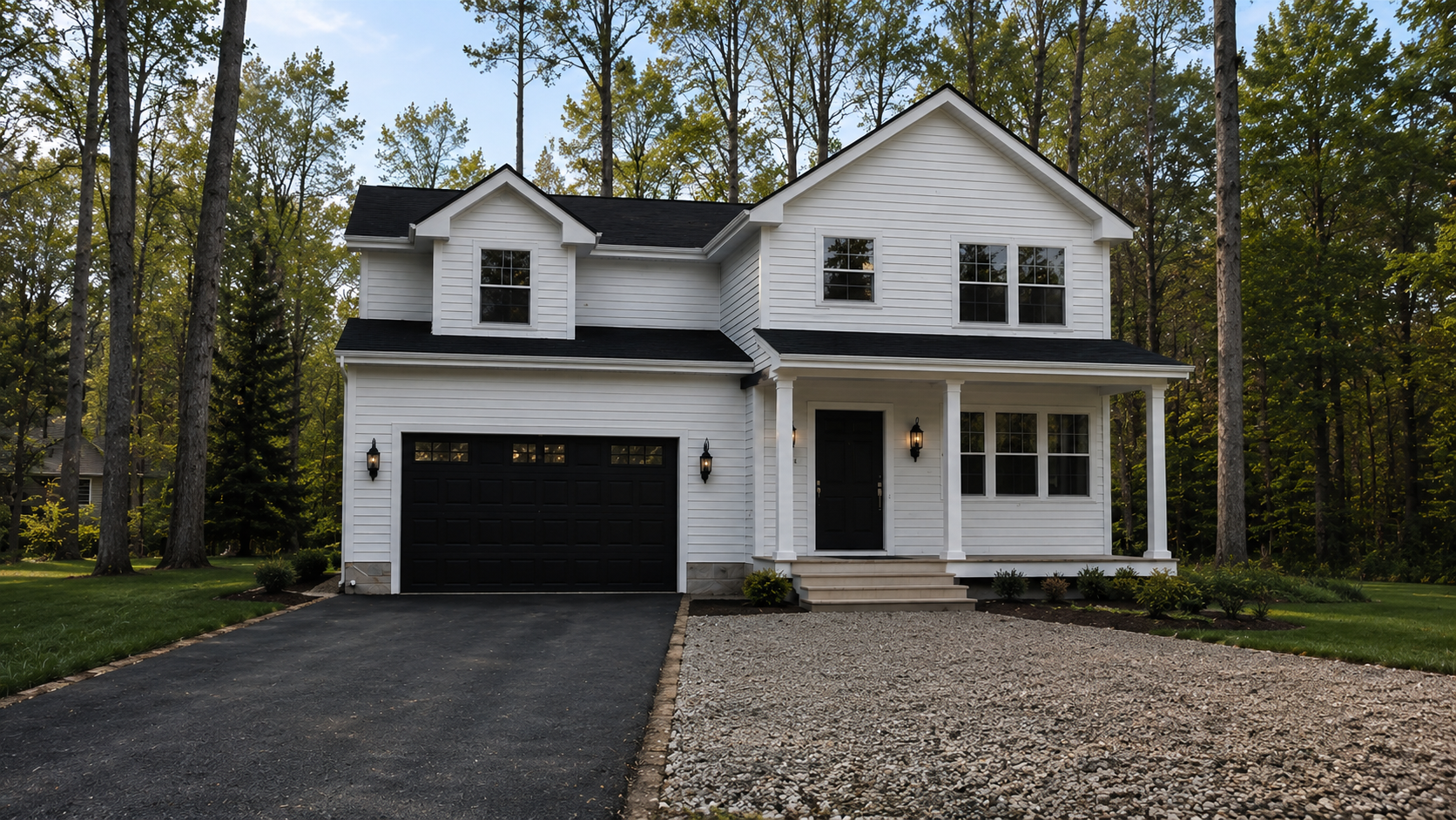 Family Realty Holdings Hudson House exterior front elevation featuring white siding, black garage doors, and modern residential design