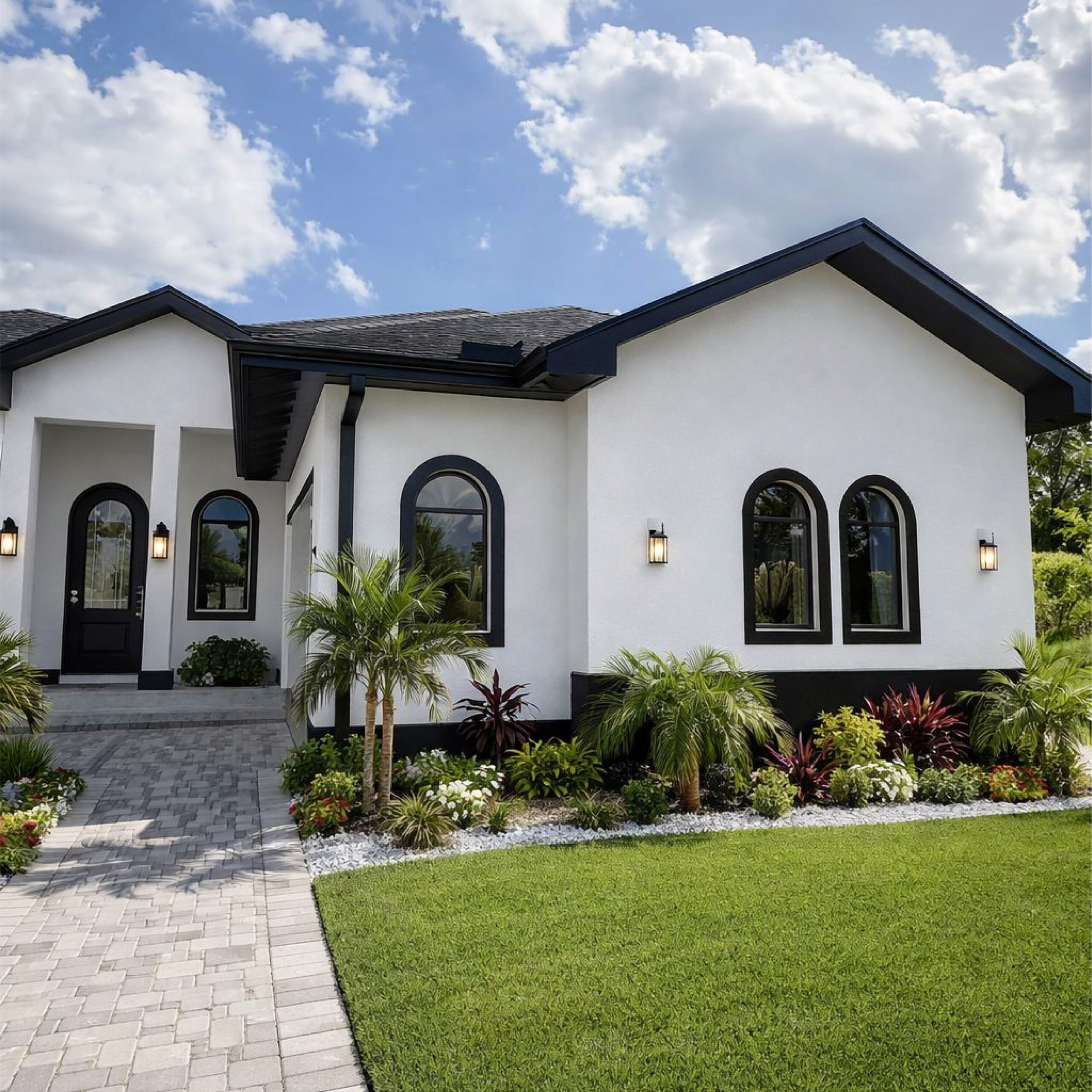 Family Realty Holdings Plumosa House completed luxury residence featuring white stucco exterior and custom architectural details
