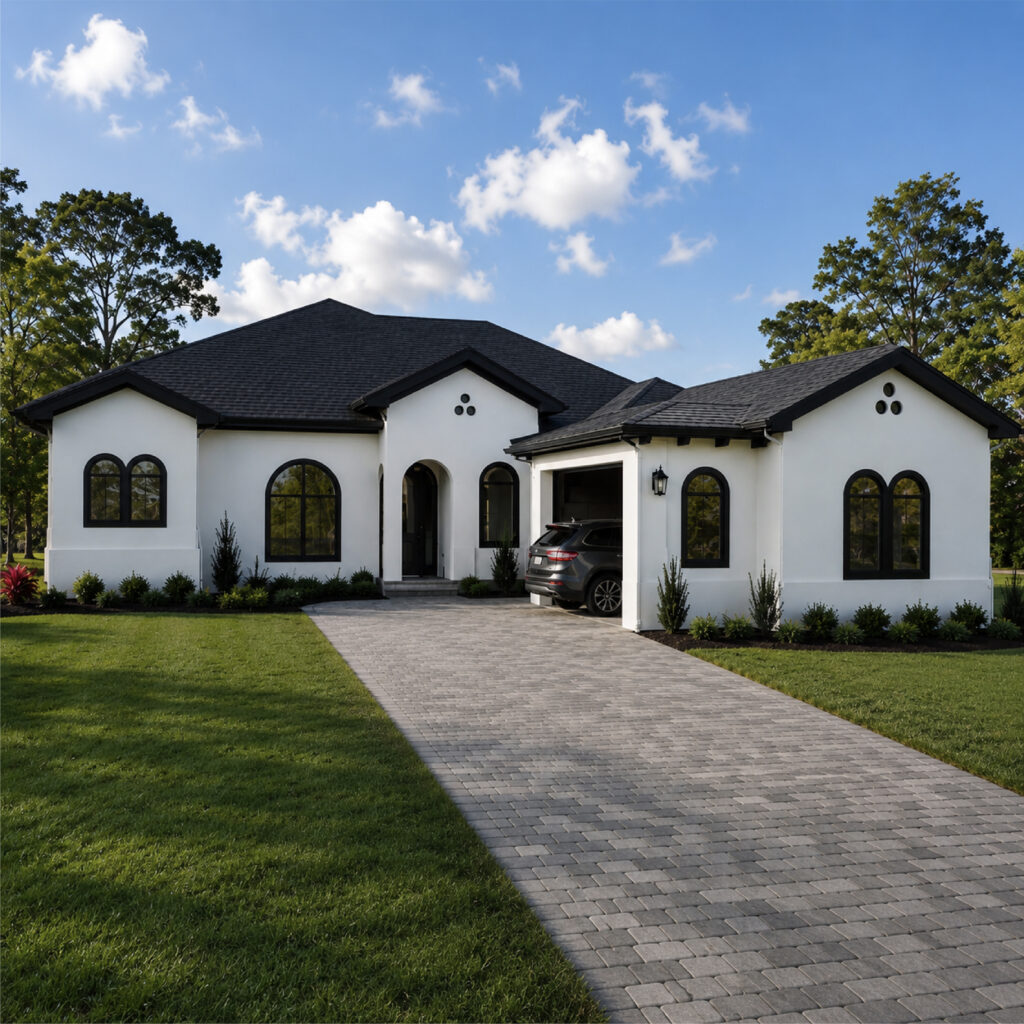 Family Realty Holdings Plumosa House exterior front view showcasing luxury custom-built residence with Mediterranean influences